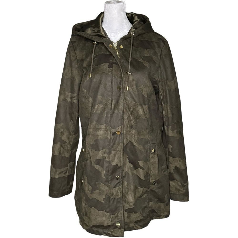 Kensie Suede Style Camouflage Camo Hooded Coat. Jacket. Pockets. Medium.